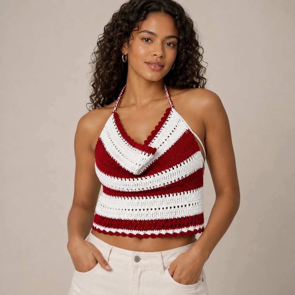 NWOT Handmade Red White Striped Crochet Halter Tank S Cowl Neck Scalloped Crop